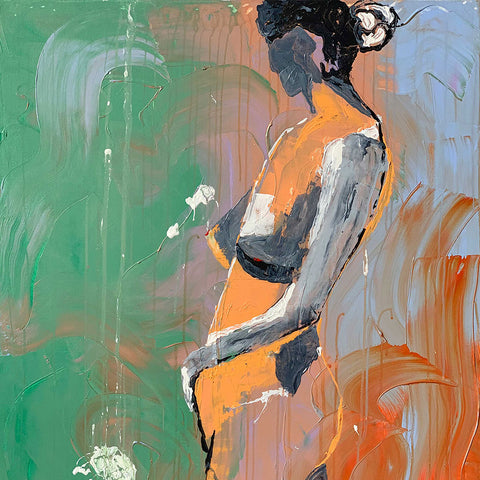 En målning i grönt och orange med en kvinna naken i profil.